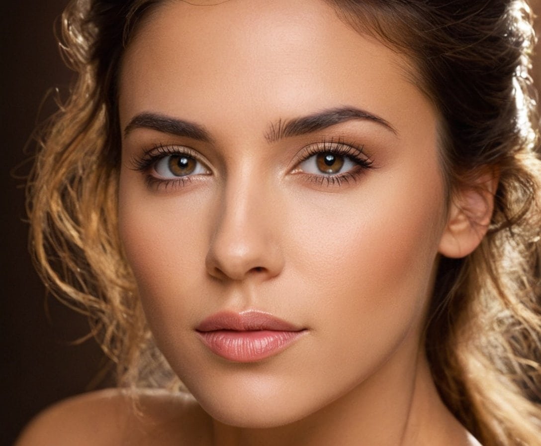 Retrato de mujer con piel perfecta, maquillaje natural y cabello rizado, belleza y cuidado de la piel, estética facial, looks naturales, mujer joven y atractiva, estilo de vida saludable.