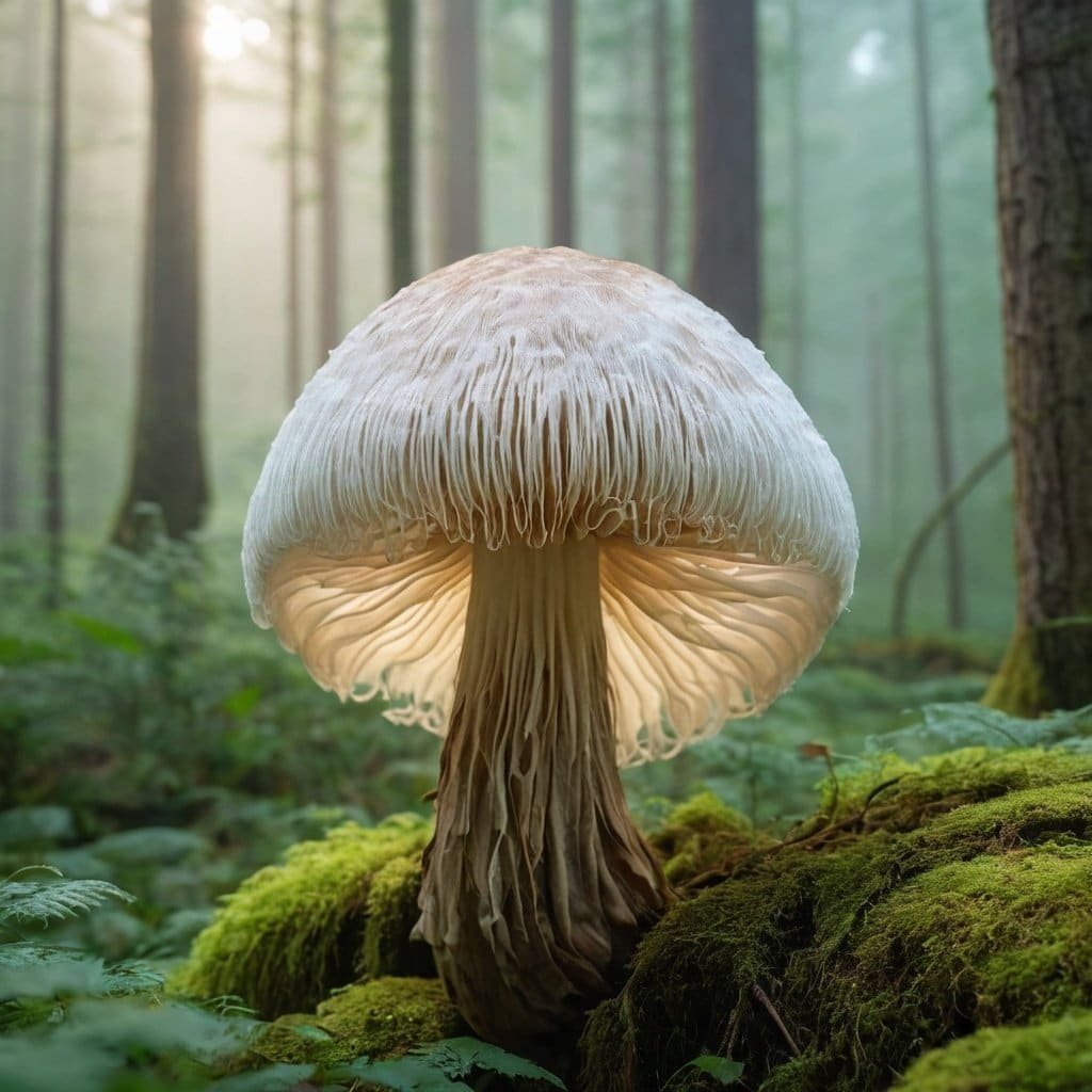 Imagen de una melena de león (Lion's Mane) en un entorno de bosque húmedo, resaltando su textura y tamaño característicos, ideal para productos naturales y suplementos de salud.
