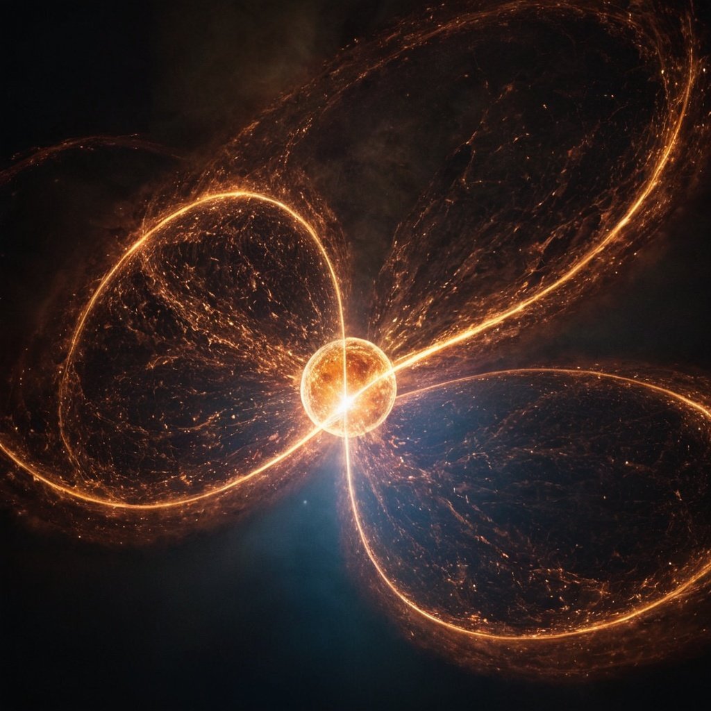 Energía cósmica y partículas de luz en el espacio, ilustración de impactos energéticos en un entorno espacial visualmente impresionante.