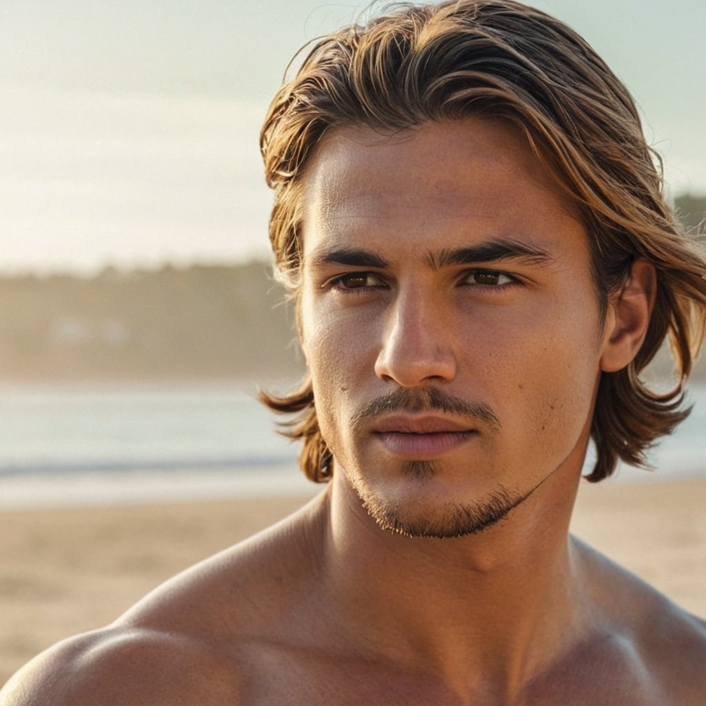 Joven hombre en la playa con expresión relajada y ambiente soleado, ideales para servicios de bienestar y cuidado personal, estética y estilo de vida saludable