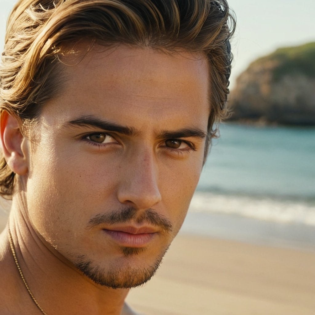 Joven hombre con cabello rubio y ojos claros en la playa, perfil cercano, belleza natural, verano, hermoso paisaje costero, atractivo joven en entorno marítimo.