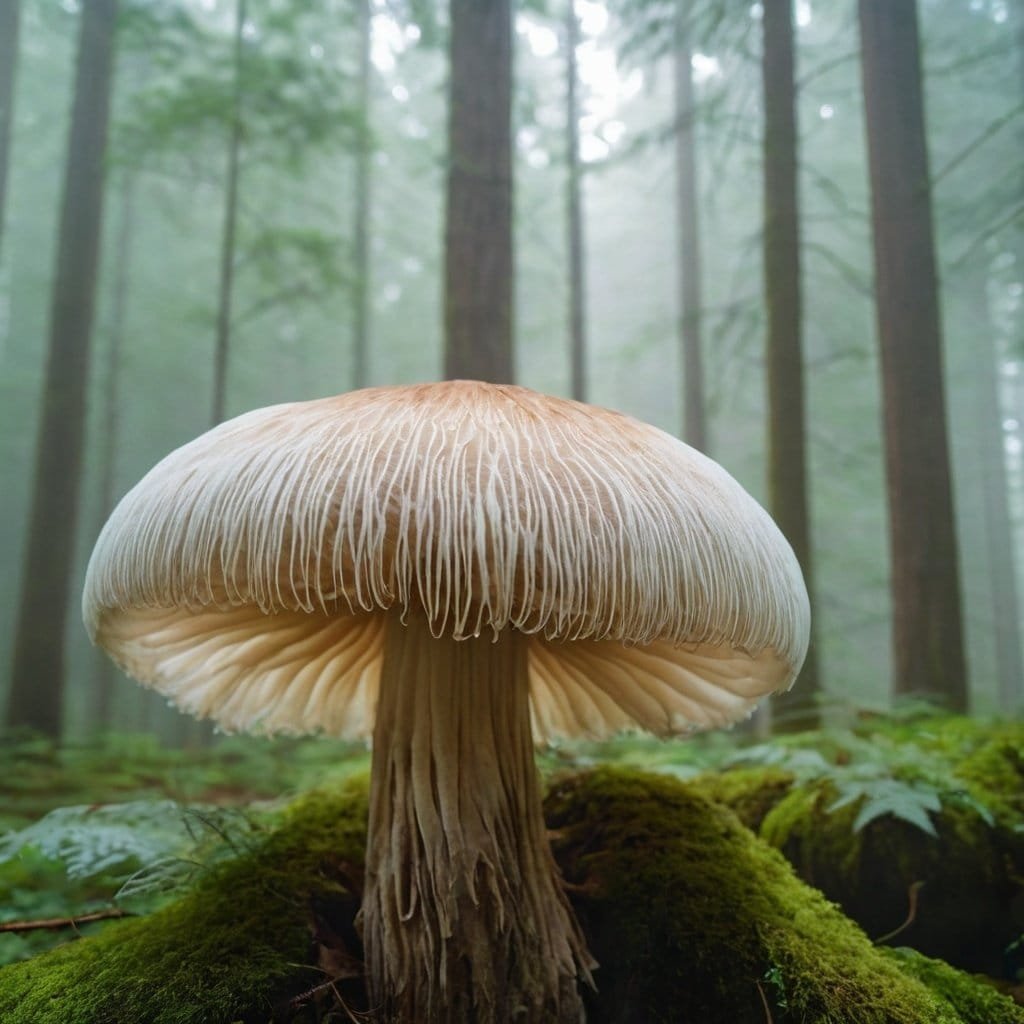 Imagen de una melena de león (Hericium erinaceus) en un entorno de bosque húmedo, destacando sus características similares a una melena de león, utilizada en suplementos naturales y medicina tradicional.