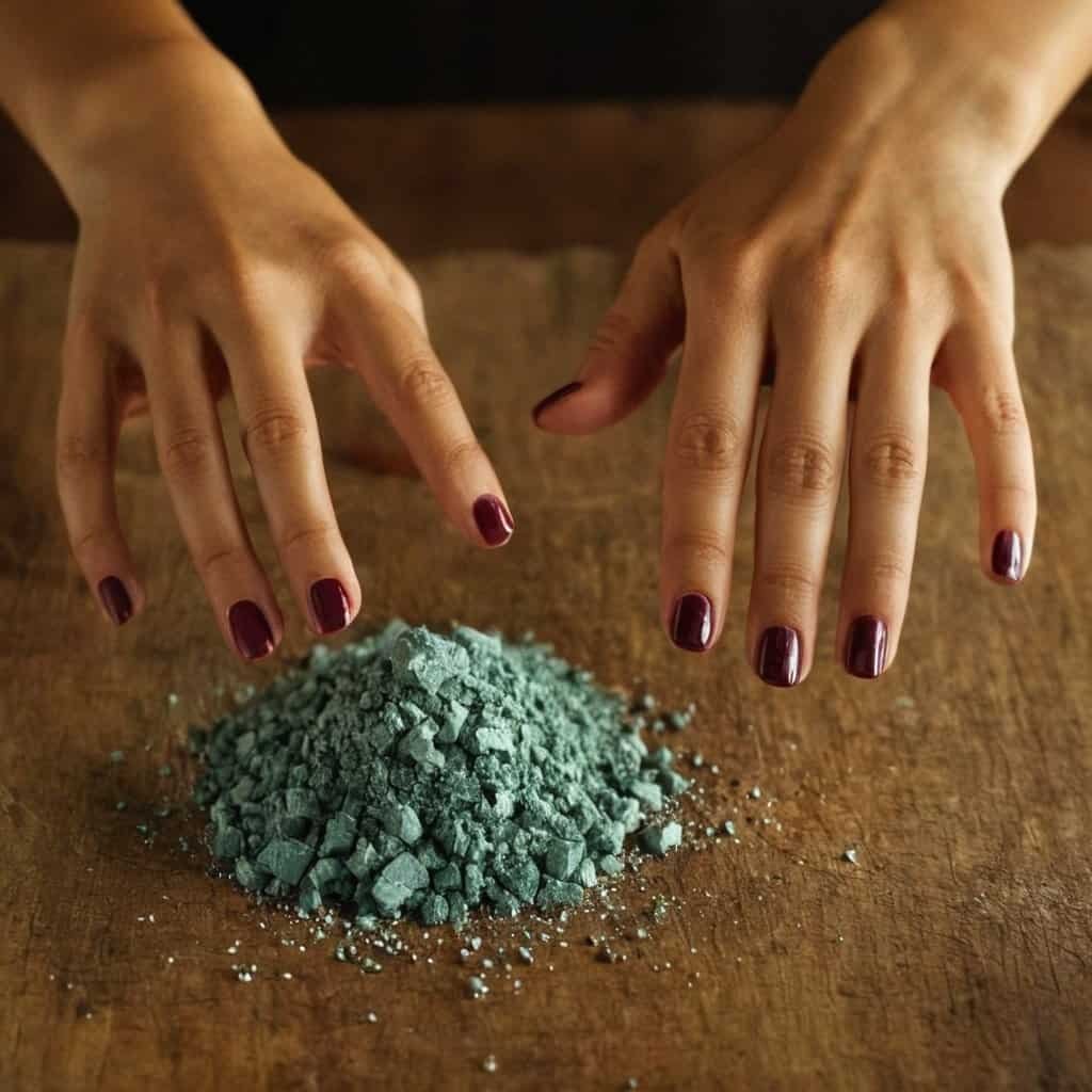 Polvos verdes de masaje terapéutico en una superficie de madera con manos femeninas mostrando las uñas pintadas en color burdeos.