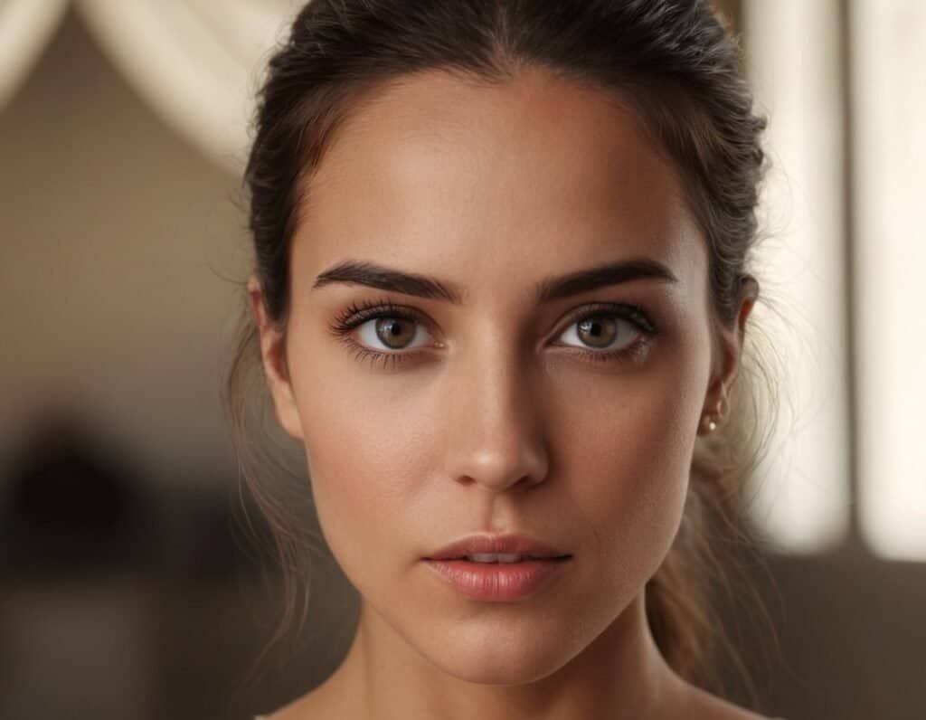 Retrato de mujer joven con piel impecable y mirada intensa, belleza natural, estilo elegante, ideal para cuidado facial y cosmética.