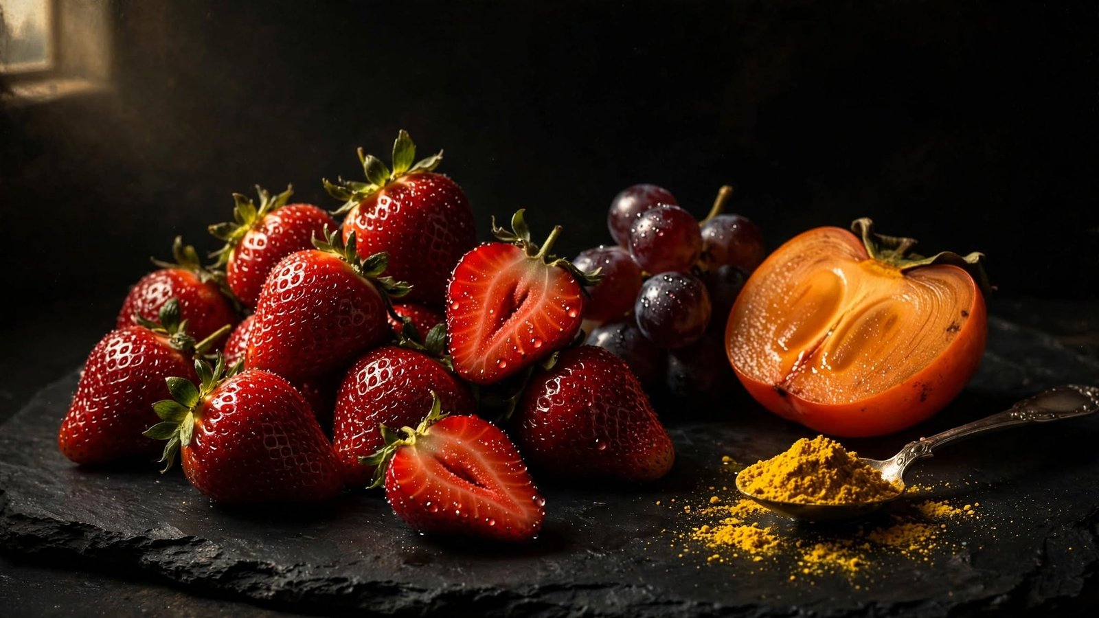 fresas, uvas y caqui en un bodegón oscuro: alimentos con fisetina, el senolítico natural