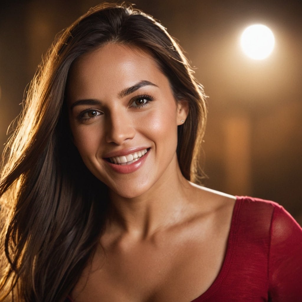Sonrisa radiante de mujer joven con cabello largo y brillante en fondo difuso con luz cálida en interior.
