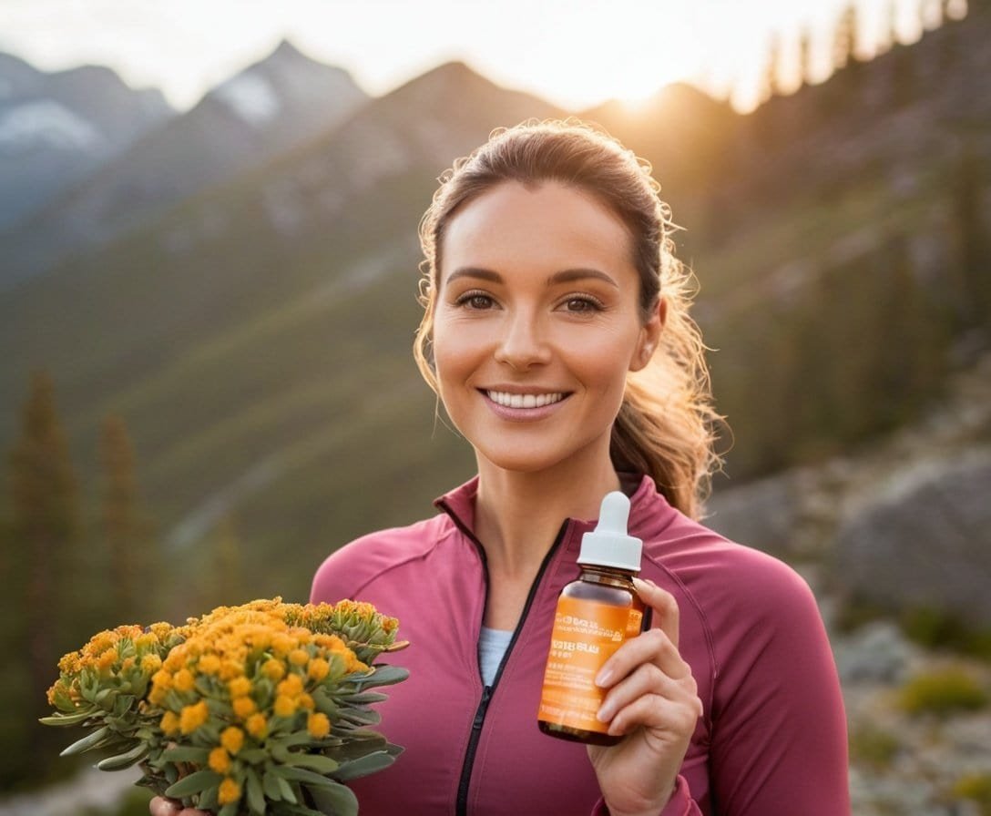 Aceite esencial natural de aromaterapia para bienestar y relajación en entornos al aire libre, mujer disfrutando la naturaleza con producto de calidad.