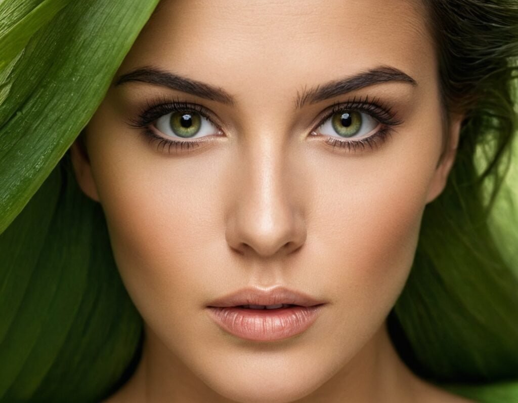 Ojos verdes intensos y piel radiante, belleza natural y cuidado de la piel en Regrossa.com.