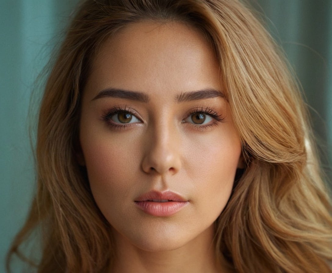 Beauty portrait of a young woman with flawless skin and natural makeup, golden hair, and hazel eyes, close-up with soft background for skincare and beauty products promotion.