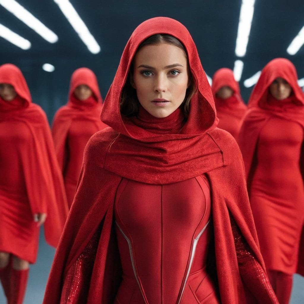 Robots de una película de ciencia ficción con vestuario rojo futurista.