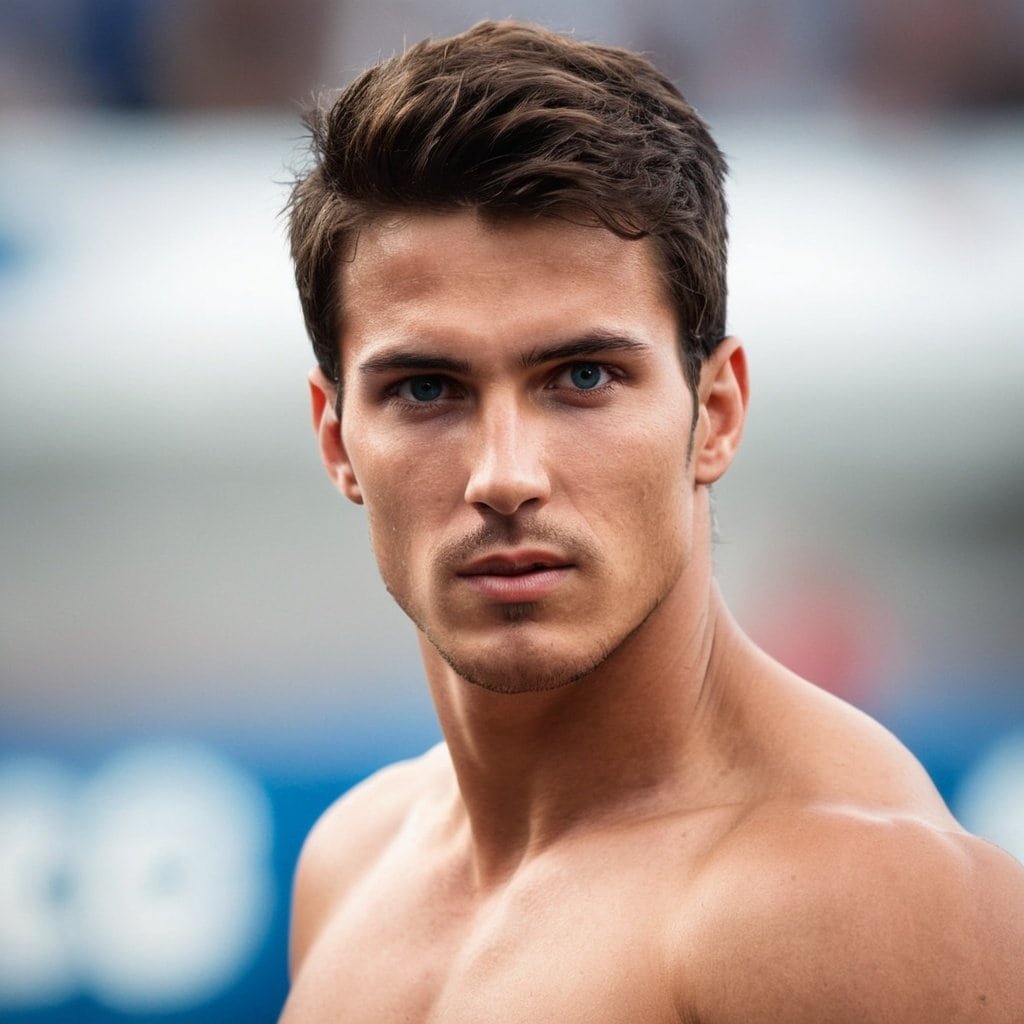 Joven hombre con cabello oscuro y ojos azules en entorno deportivo, mostrando intensidad y determinación.