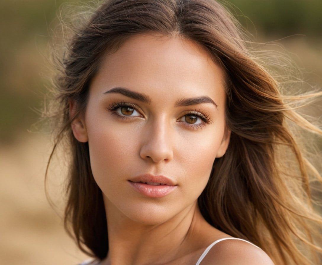 Hermosa mujer con piel radiante y cabello ondulado al aire en un paisaje natural.