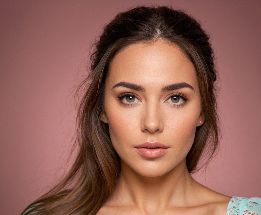 Retrato de una joven mujer con maquillaje natural y cabello liso, sonriente y confiada en un fondo rosa suave, destacando belleza facial y cuidado personal.