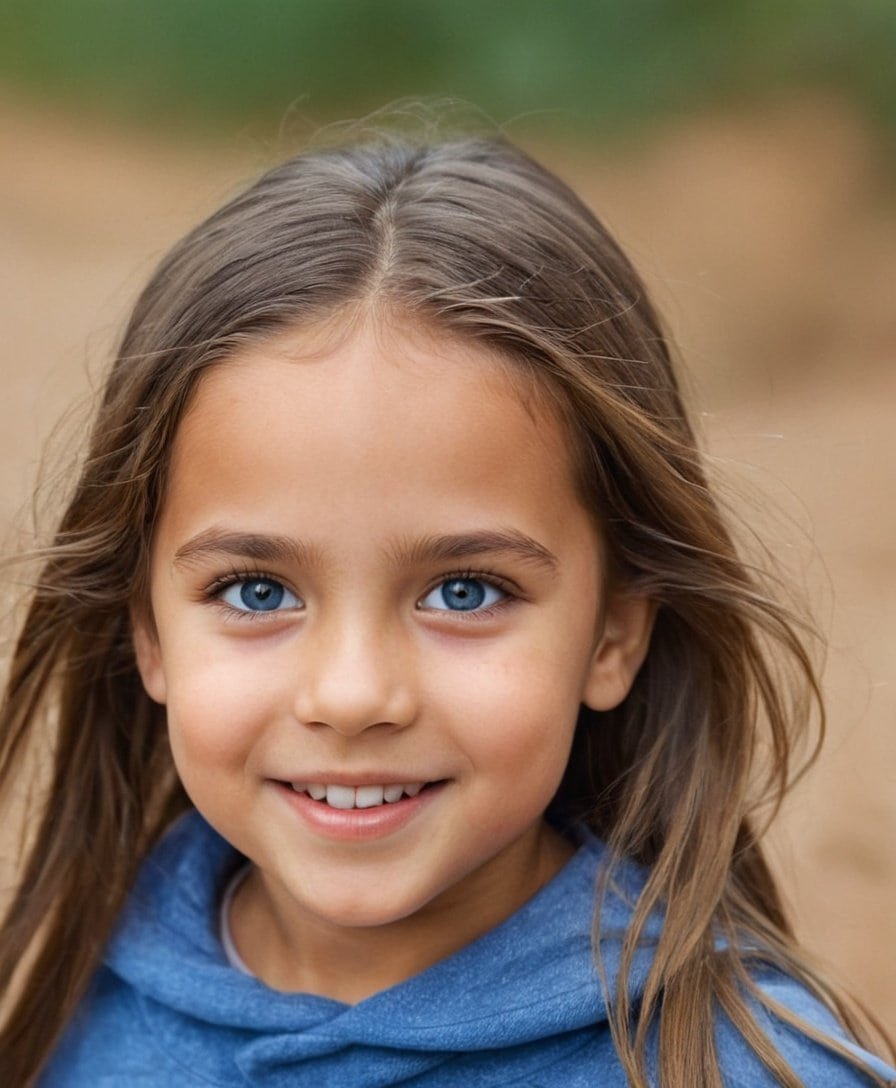 Niña sonriendo con ojos azules en naturaleza, retrato infantil feliz en exteriores, sonrisa encantadora, belleza natural, imagen de infancia, alegría y espontaneidad.