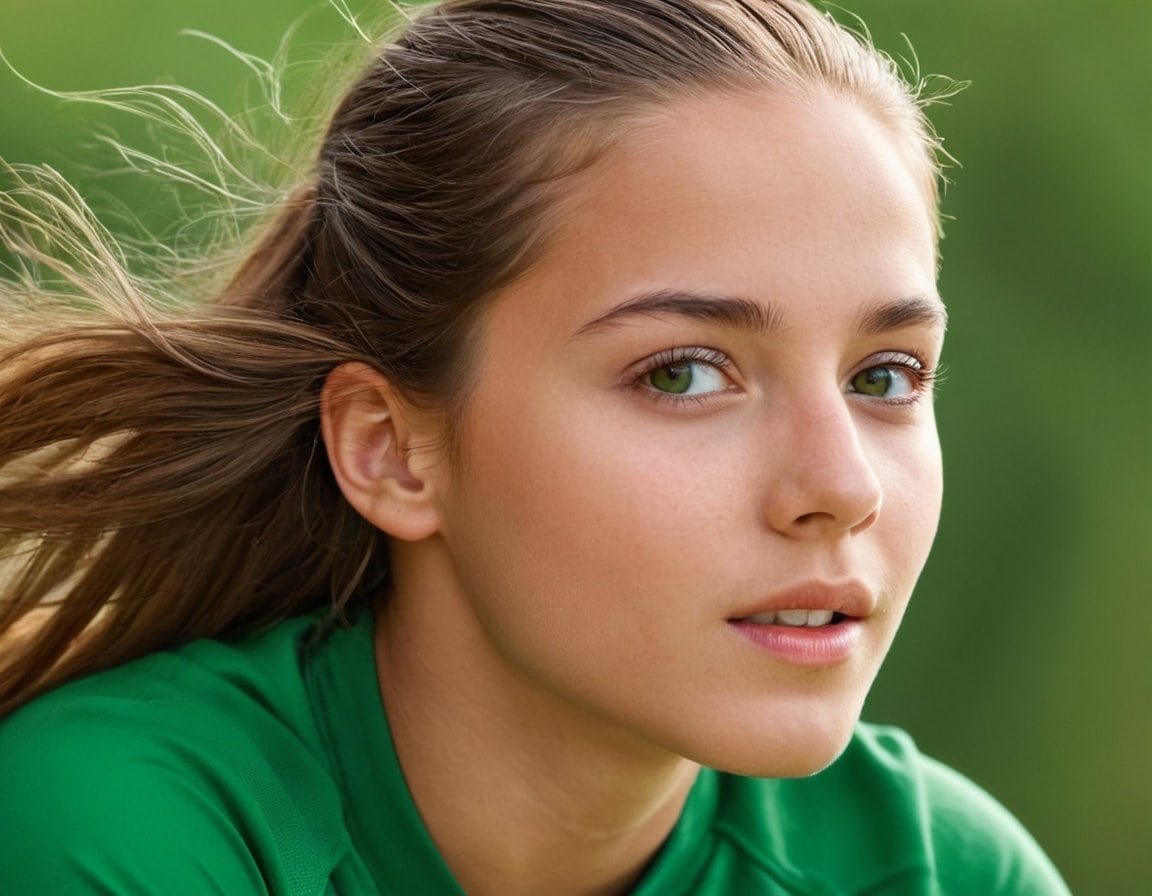 Chica joven con ojos verdes y cabello largo al aire en un entorno natural, disfrutando del aire libre y la tranquilidad en un día soleado.