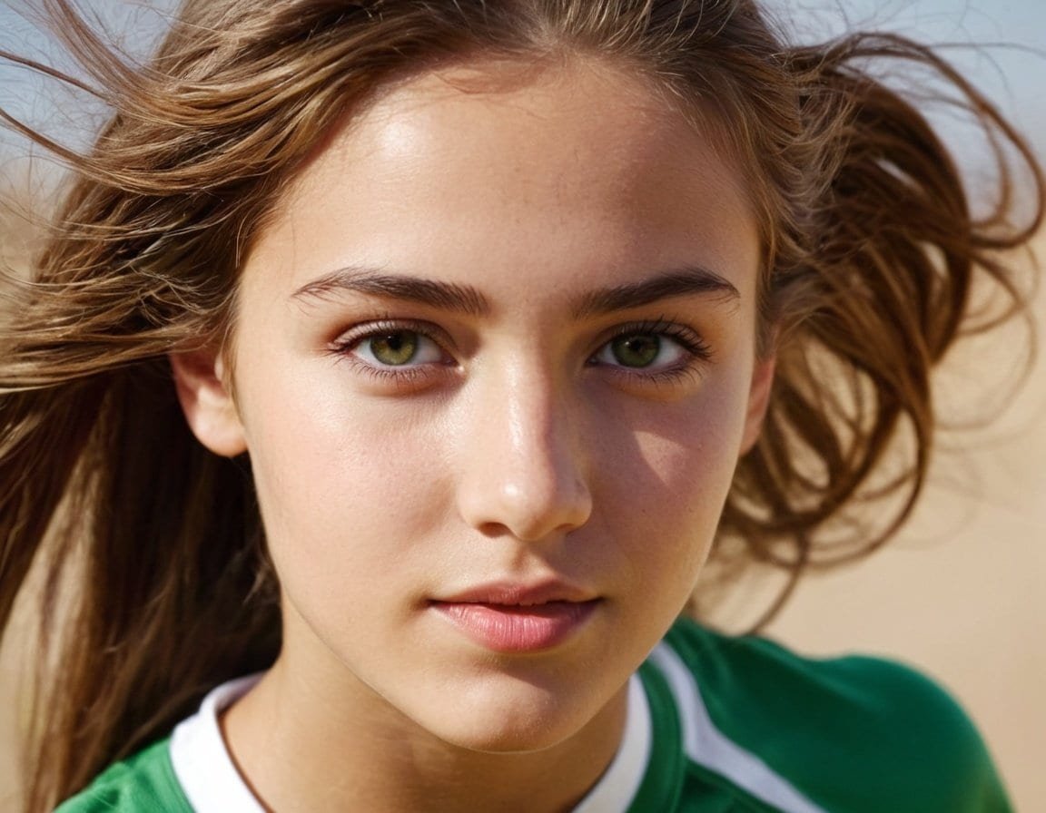 Joven mujer con piel radiante y natural, cabello largo y rizado, vista en exteriores con fondo despejado, luz solar, estilo deportivo, belleza y cuidado de la piel.