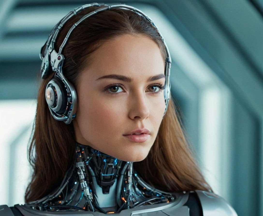 Juventud femenina con auriculares futuristas y tecnología cibernética en un entorno moderno y luminoso.