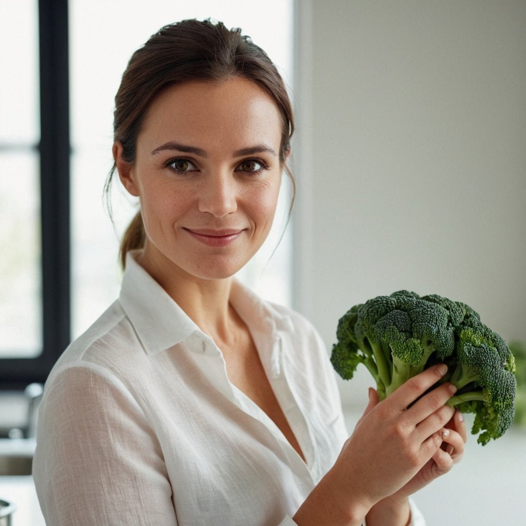 Una mujer sonriente sostiene un brócoli fresco, destacando sus beneficios antioxidantes y protección celular, en línea con el tema del sulforafano y la salud.