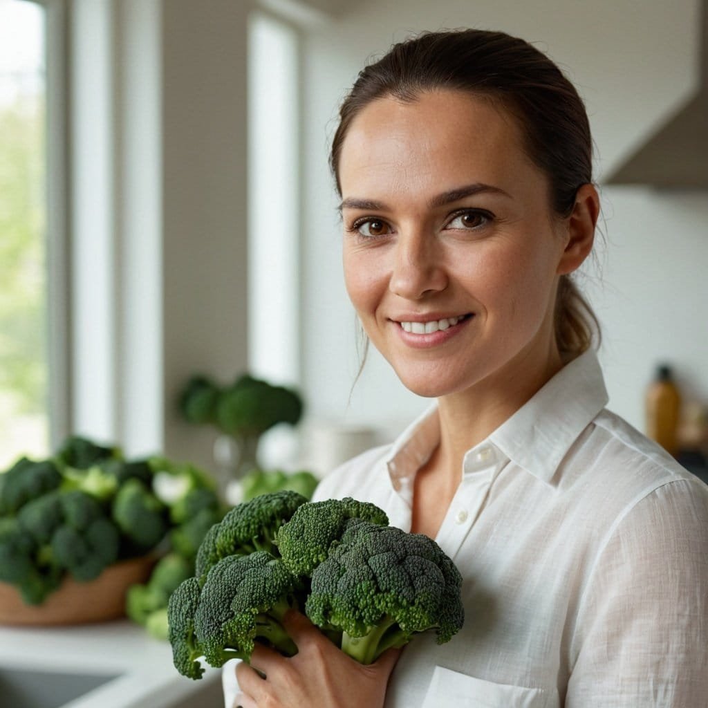 Una mujer sonriendo sostiene un ramillete de brócoli fresco en la cocina, promoviendo un estilo de vida saludable y el consumo de antioxidantes naturales.