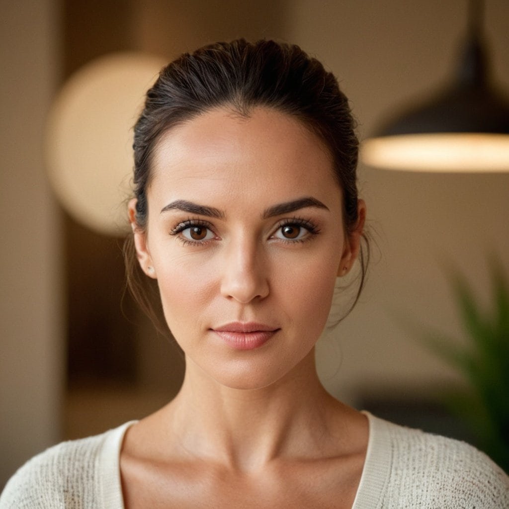 Mujer con piel clara y expresión serena en interior cálido.