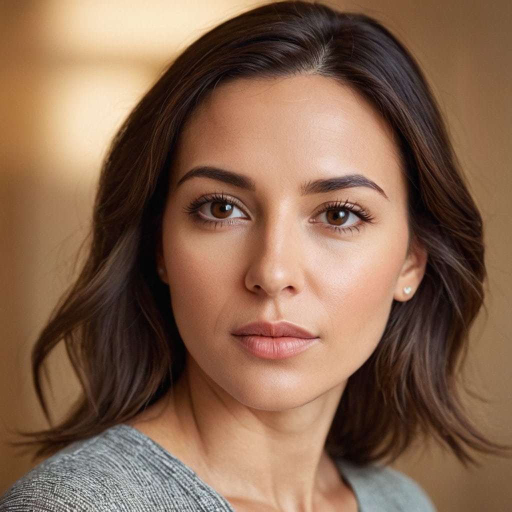 Retrato de una mujer joven con cabello castaño, piel clara y expresión serena, en un entorno interior cálido, ideal para contenido de belleza, moda y estilo de vida saludable.