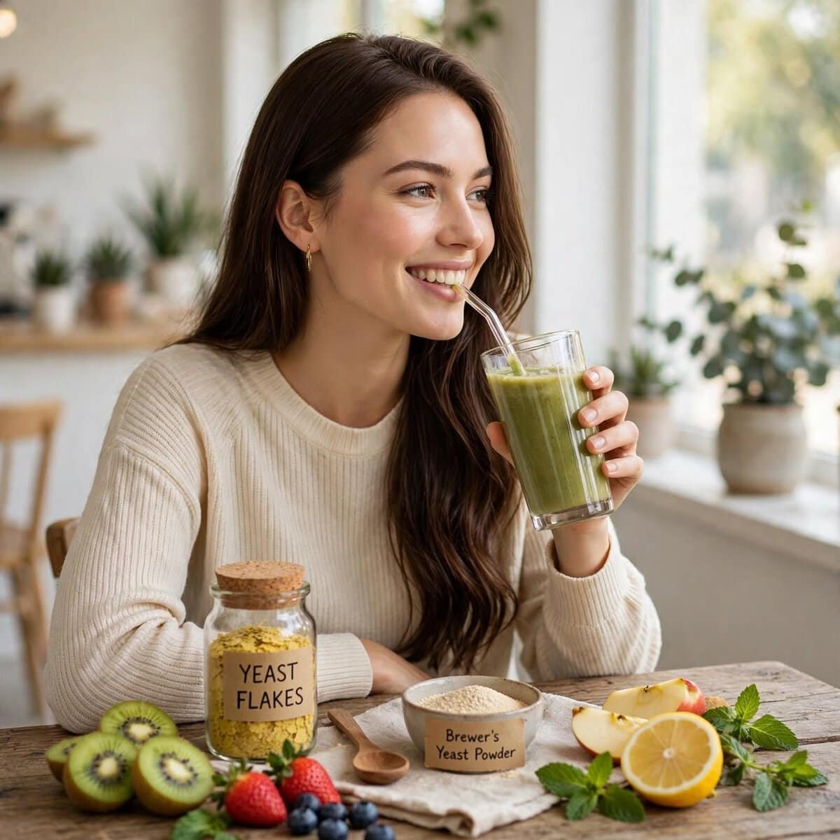Mujer joven con cabello largo y sonrisa disfrutando un batido verde en un ambiente luminoso y natural, rodeada de ingredientes saludables como kiwi, limón y levadura de cerveza.