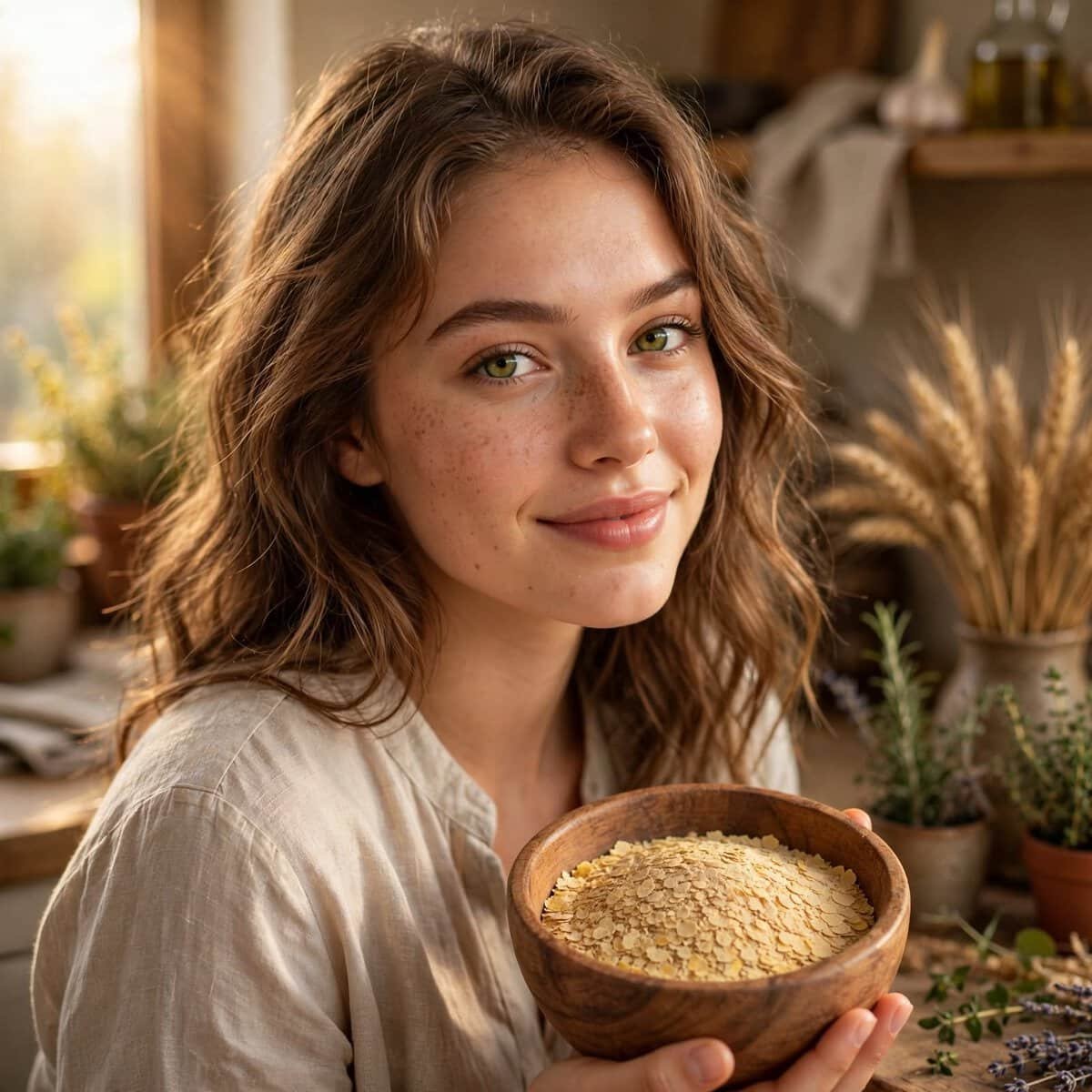 Joven mujer con cabello rizado y piel con pecas sostiene un cuenco con harina en un ambiente cálido y natural, rodeada de plantas y utensilios de cocina.