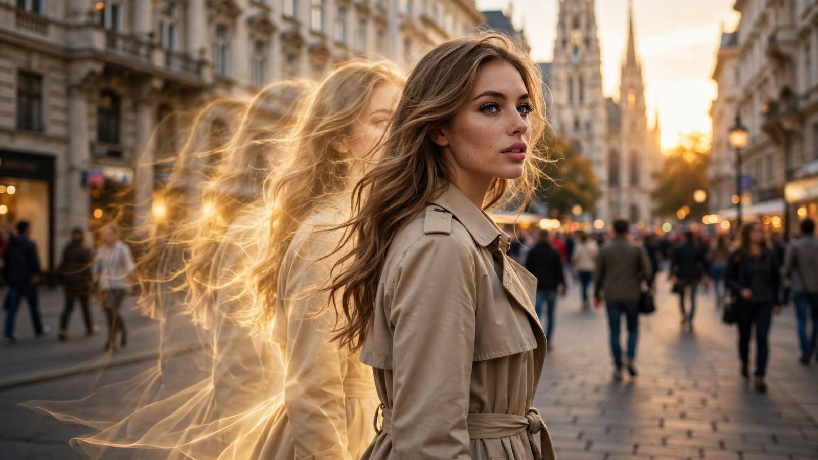 mujer caminando por una calle con estelas de luz detrás, el cerebro ve el mundo con retraso