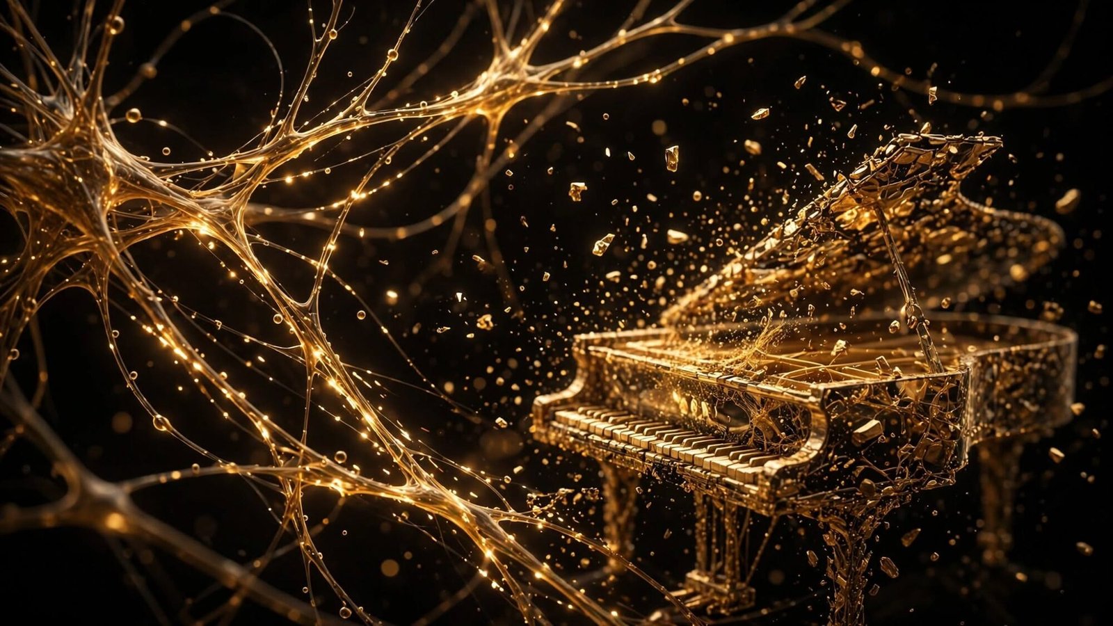 piano dorado rodeado de conexiones neuronales de luz, la música enciende el cerebro