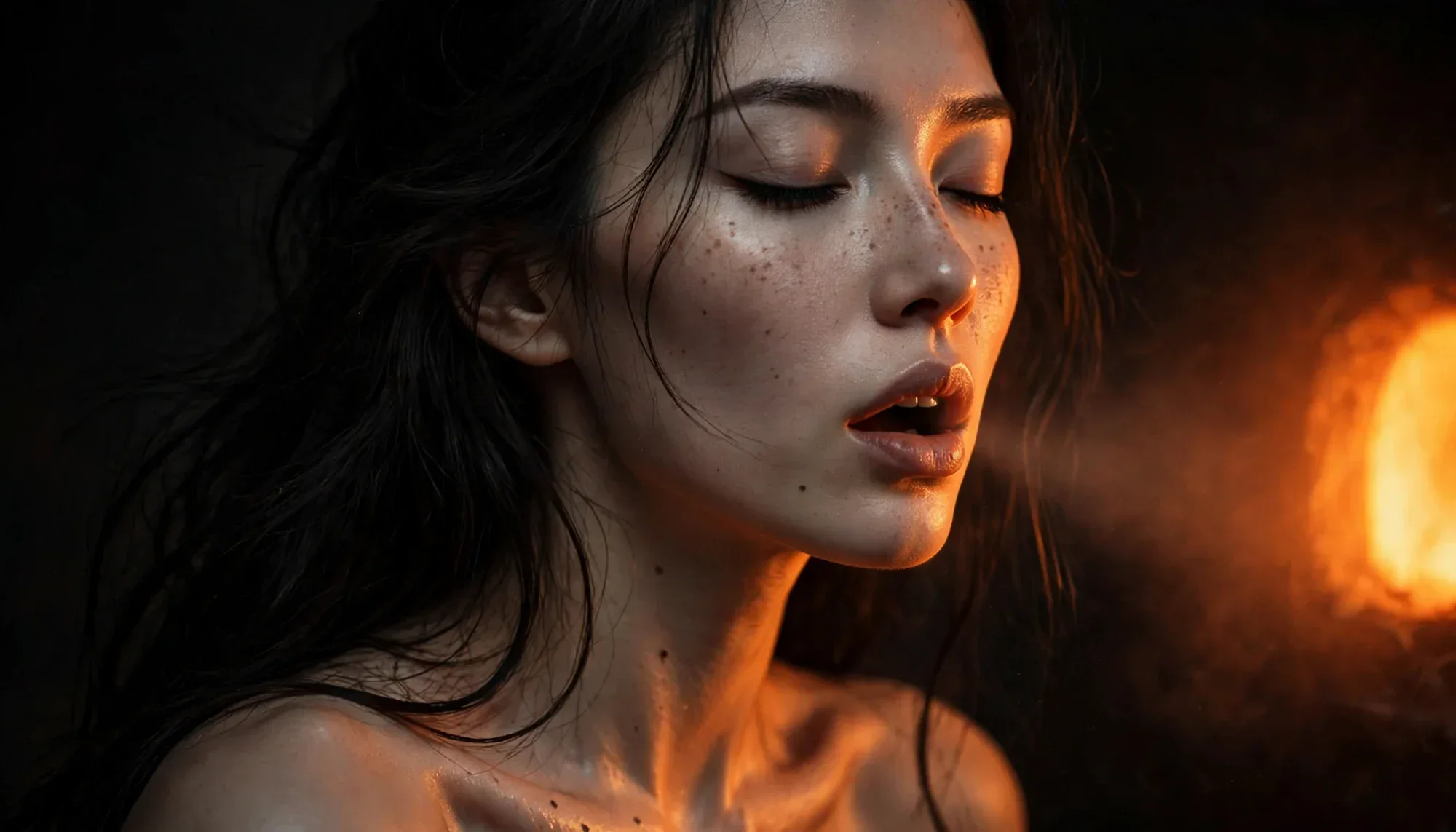 Retrato de una mujer con expresión pensativa, cabello oscuro y luz cálida en el fondo, en un estilo artístico y emocional.