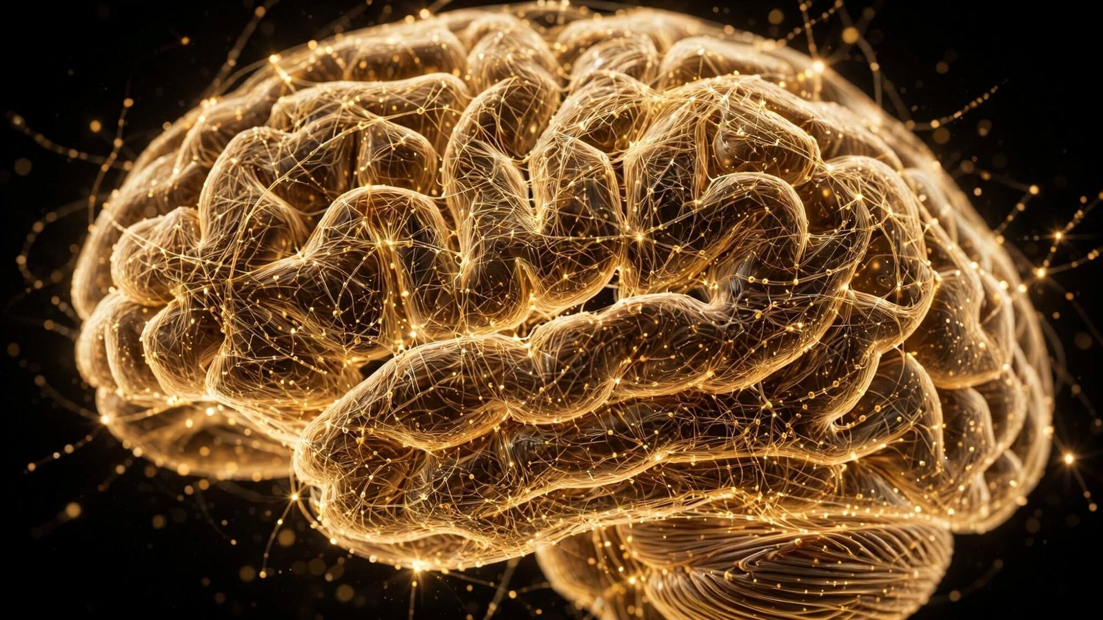 curiosidades del cerebro: cerebro humano dorado hecho de luz y conexiones neuronales
