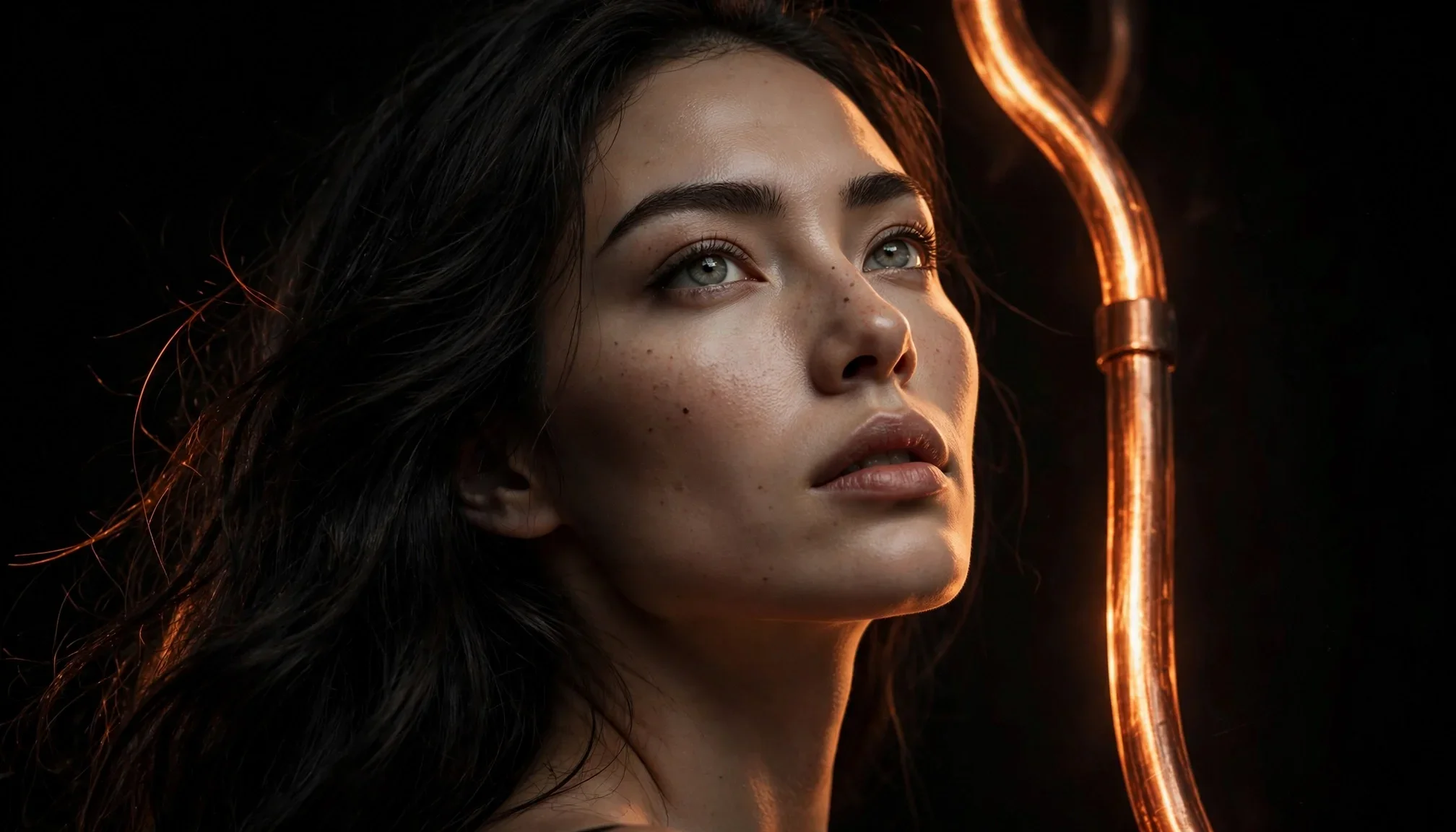 Retrato de una mujer con cabello oscuro y expresión pensativa, iluminación artística con luz cálida en un fondo oscuro, estilo moderno y elegante.