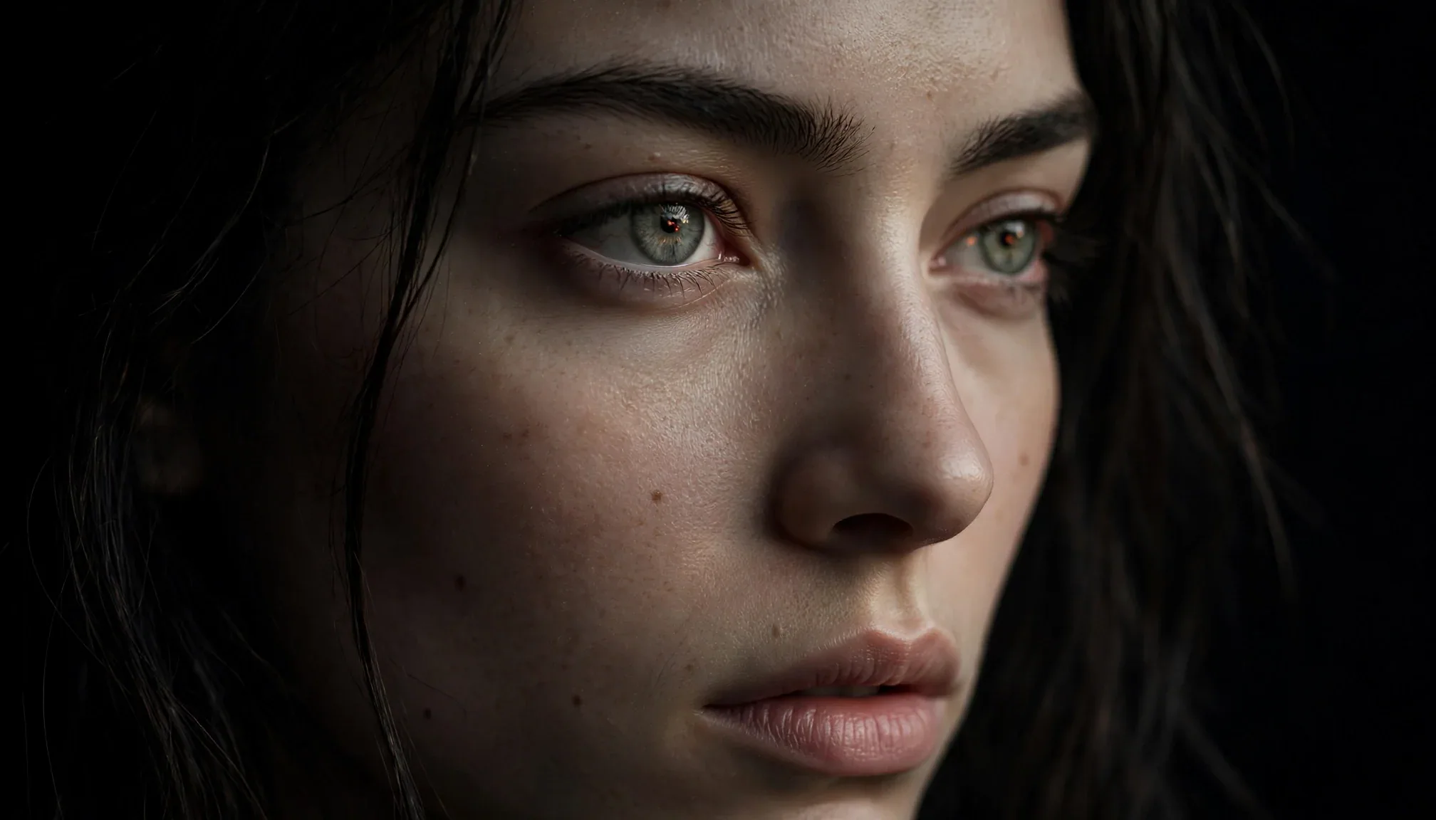 Retrato de una mujer con ojos claros y expresión pensativa, en un fondo oscuro, resaltando su rostro y emociones.