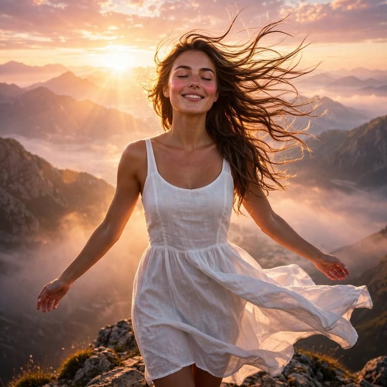 mujer llena de energía en lo alto de una montaña al amanecer, hierro y oxígeno