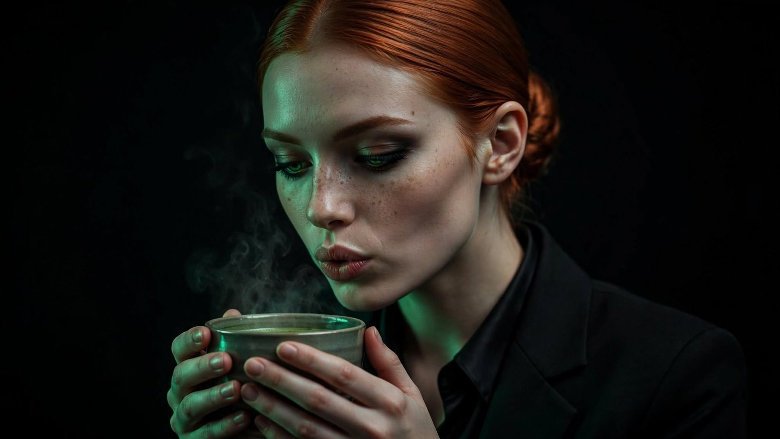 superalimentos: mujer pelirroja soplando una taza de matcha