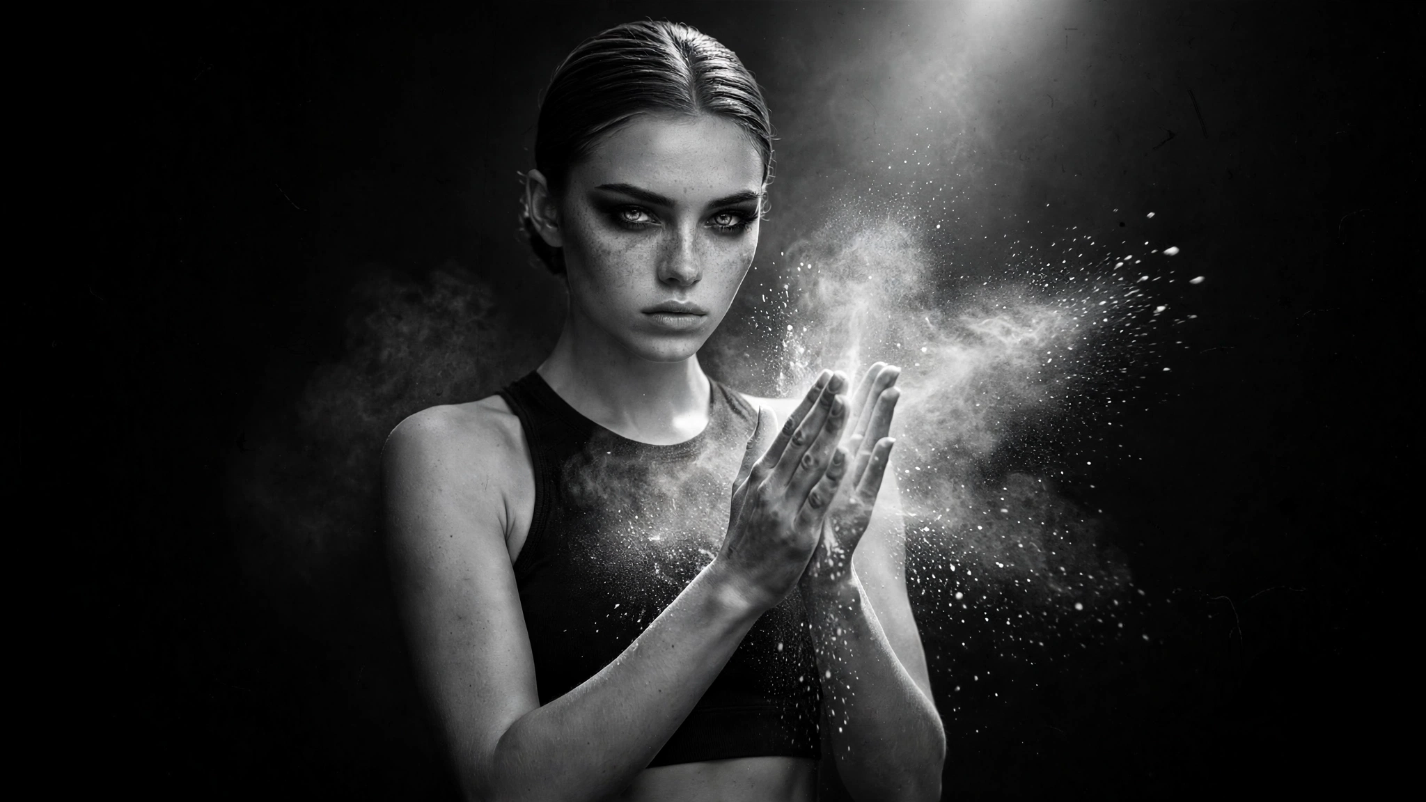 suplementos deportivos: mujer pelirroja sacudiéndose el magnesio de las manos, en blanco y negro