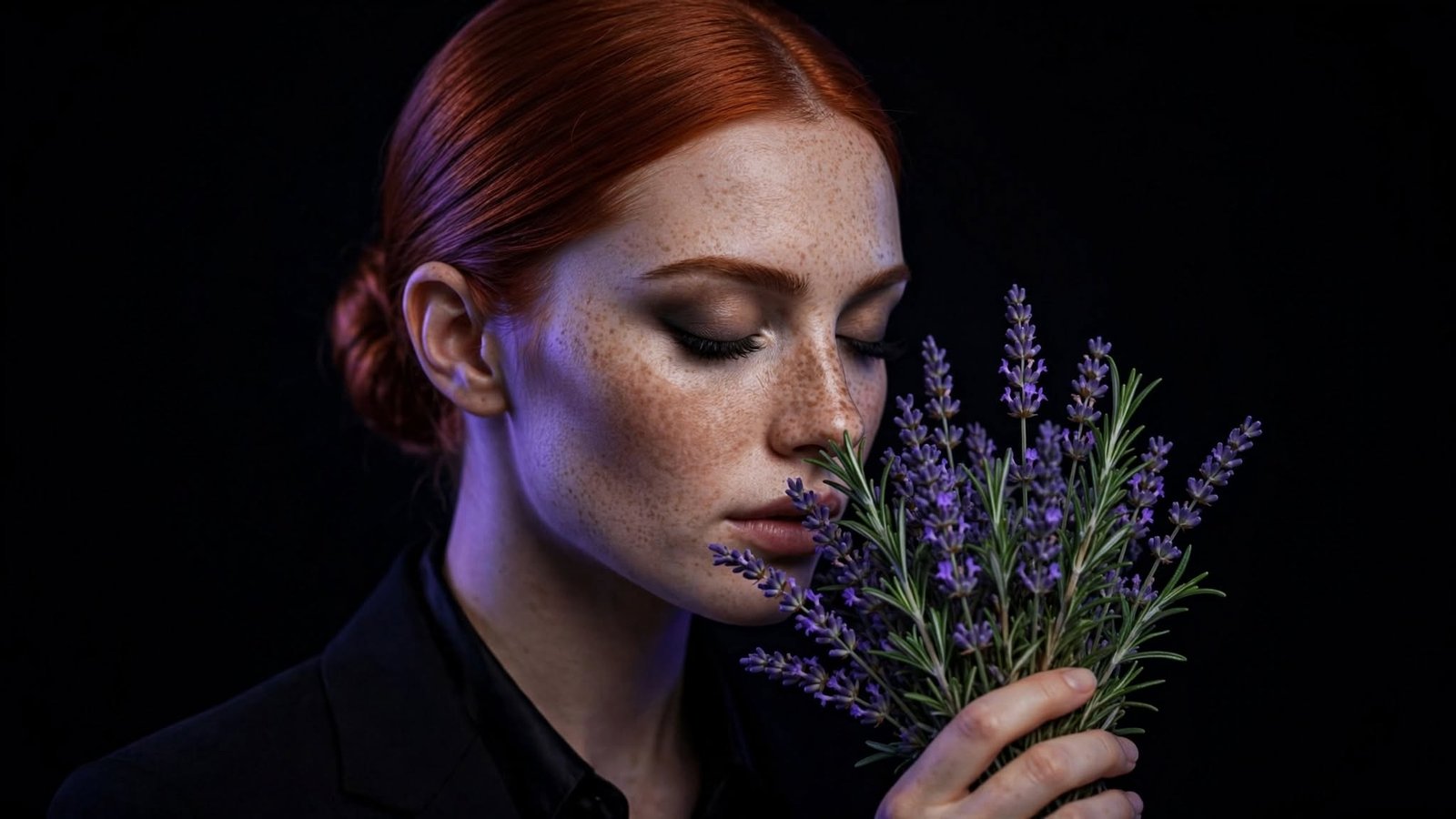 medicina natural: mujer pelirroja oliendo lavanda y romero