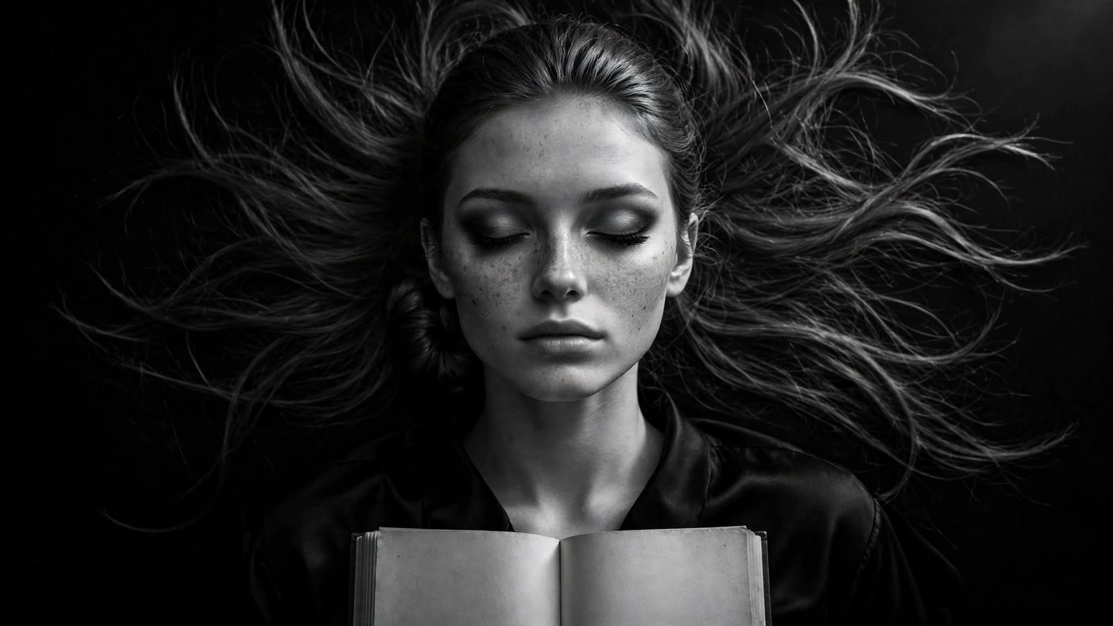 lecturas: mujer pelirroja tumbada con un libro abierto sobre el pecho, en blanco y negro