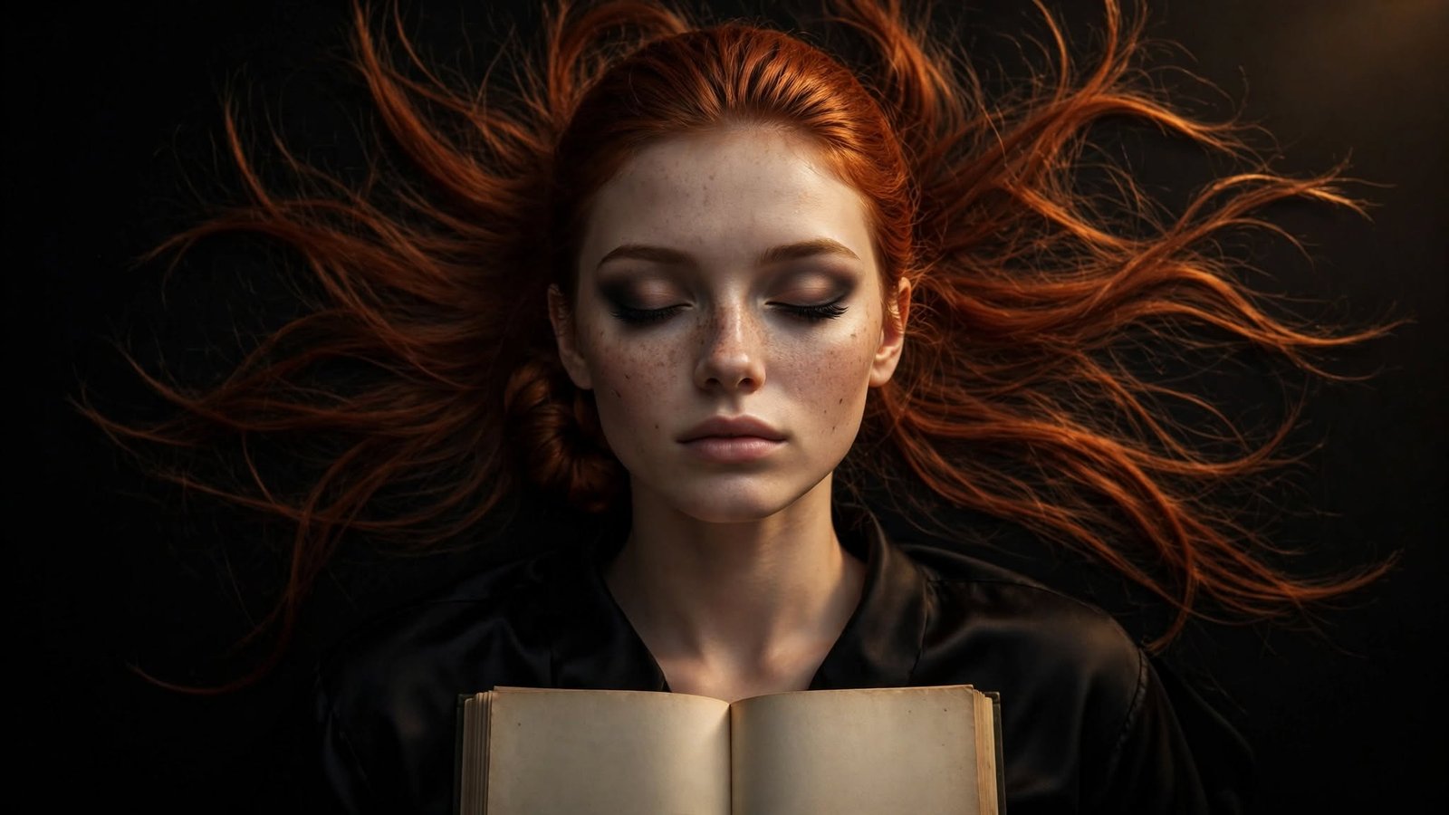mujer pelirroja soñando con un libro, el pelo extendido