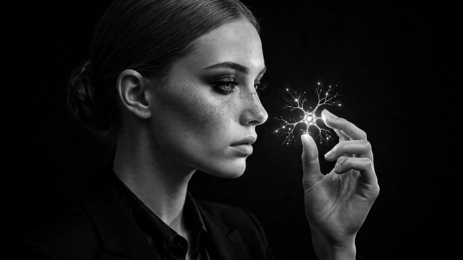 mujer observando una neurona luminosa entre los dedos, en blanco y negro