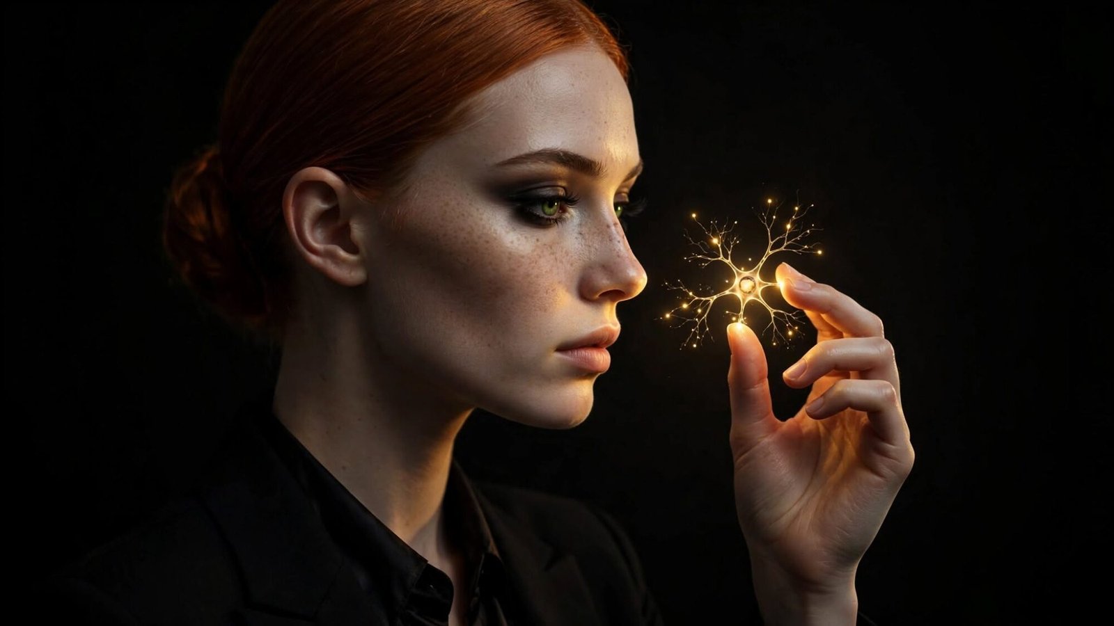 mujer pelirroja sosteniendo una neurona de luz entre los dedos, el cerebro cambia toda la vida