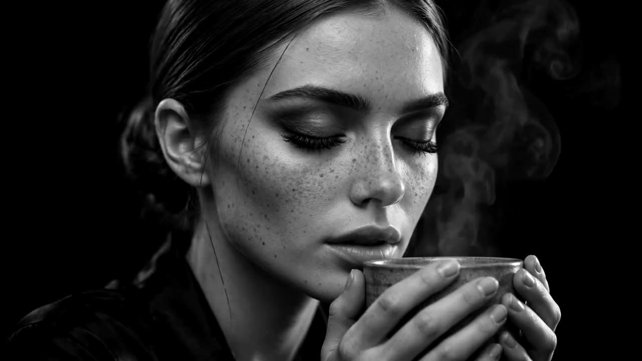Regrossa, quiénes somos: mujer pelirroja con una taza caliente, en blanco y negro