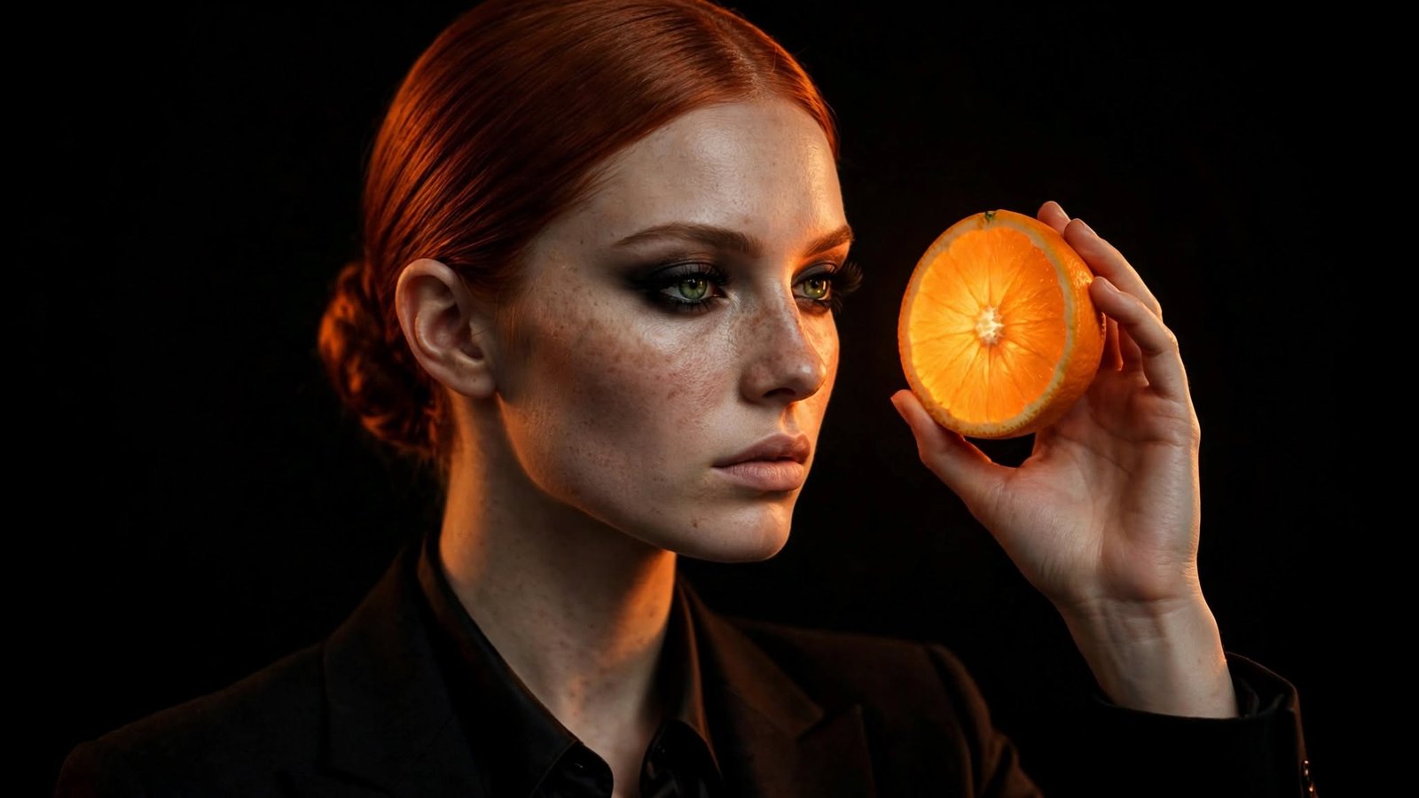vitaminas: mujer pelirroja mirando media naranja a contraluz